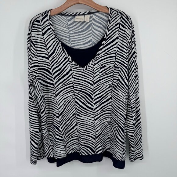 Chicos 2 V-Neck Zebra Two-In-One Top shirt black silver foiled knit size large - Picture 6 of 15